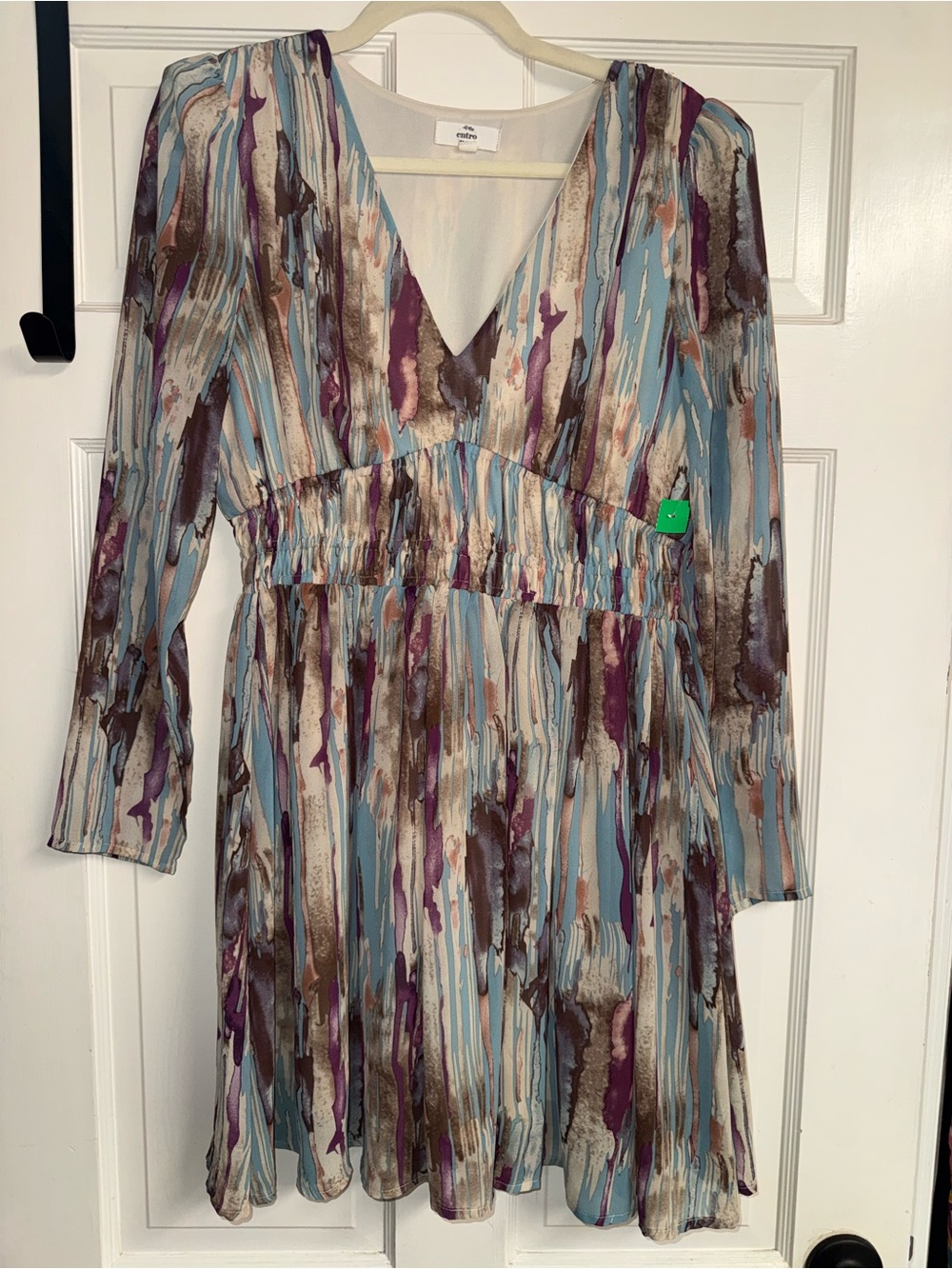 Entro V-Neck Long Sleeve Abstract Print Dress in Blue and Purple
